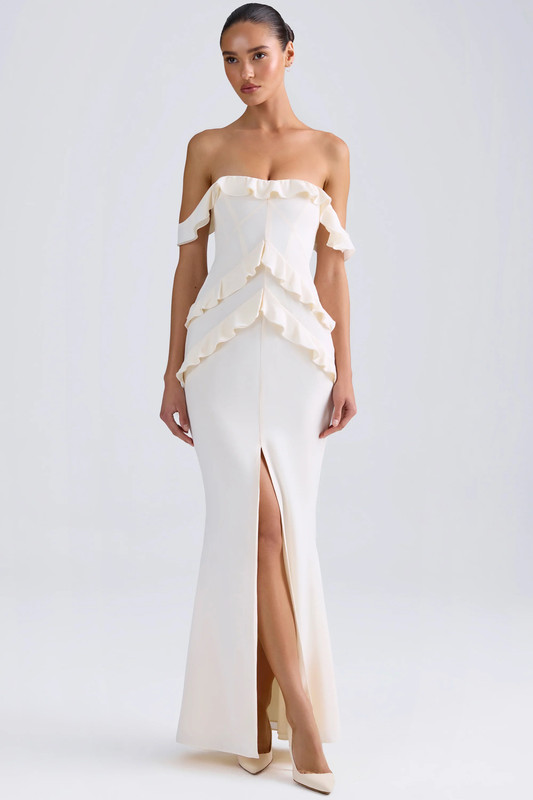 Off-Shoulder Ruffle-Trim Gown in Ivory - UK Size:10
